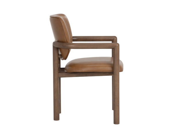 Sunpan Fremont Mid-Century Leather Dining Armchair with Sculpted Wood Frame and Cognac Finish 113454