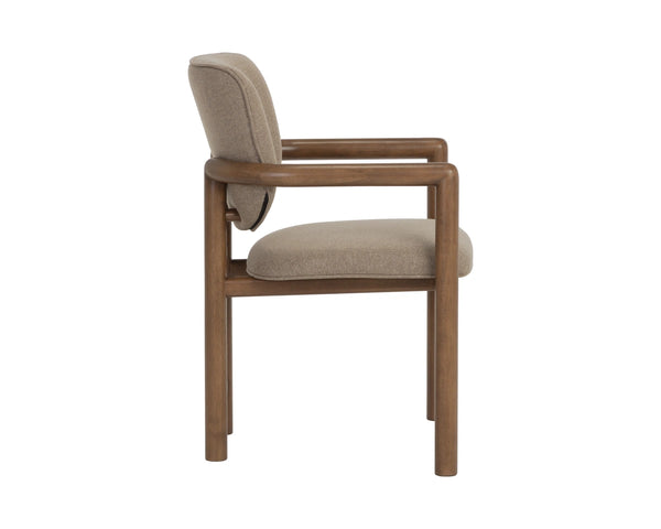 Sunpan Fremont Mid-Century Dining Arm Chair Sculpted Wood Frame Cushioned Taupe Seat 113455