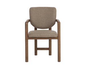 Sunpan Fremont Mid-Century Dining Arm Chair Sculpted Wood Frame Cushioned Taupe Seat 113455