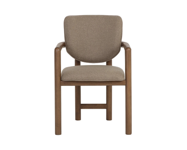Sunpan Fremont Mid-Century Dining Arm Chair Sculpted Wood Frame Cushioned Taupe Seat 113455
