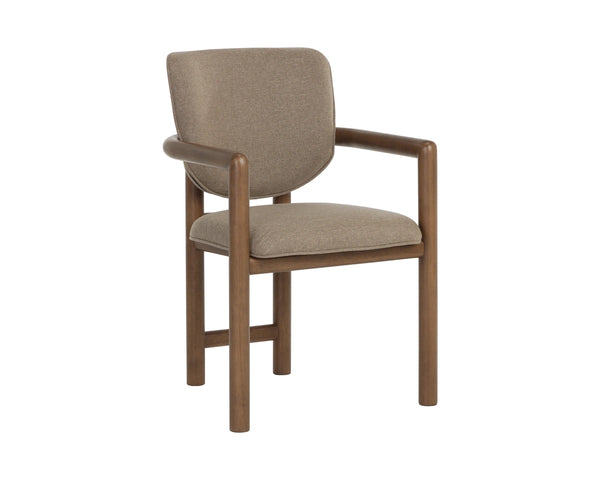 Sunpan Fremont Mid-Century Dining Arm Chair Sculpted Wood Frame Cushioned Taupe Seat 113455