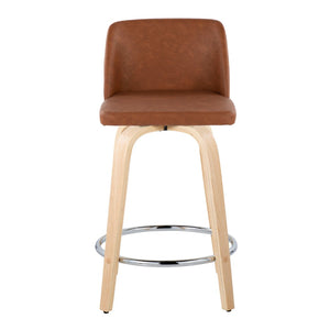 English Elm Fixed-height Swivel Counterstools Natural Wood Bentwood Legs Camel Faux Leather Set 2 B202S01767