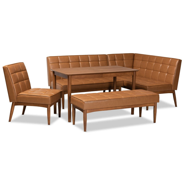 Baxton Studio Baxton Modern Tan Faux Leather Dining Nook Set with Walnut Wood & Comfortable Seating for Small Spaces Sanford 5-Piece BBT8051.11-Tan/Walnut-5PC Dining Nook Set