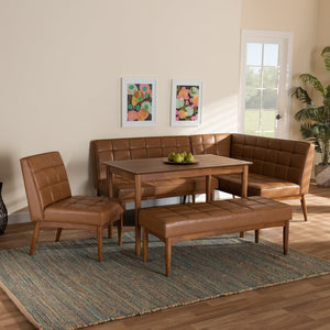 Baxton Studio Baxton Modern Tan Faux Leather Dining Nook Set with Walnut Wood & Comfortable Seating for Small Spaces Sanford 5-Piece BBT8051.11-Tan/Walnut-5PC Dining Nook Set
