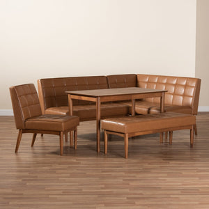 Baxton Studio Baxton Modern Tan Faux Leather Dining Nook Set with Walnut Wood & Comfortable Seating for Small Spaces Sanford 5-Piece BBT8051.11-Tan/Walnut-5PC Dining Nook Set