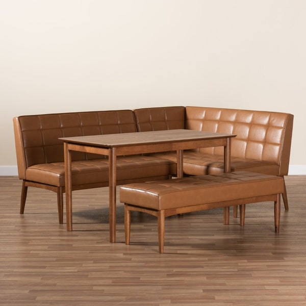 Baxton Studio Baxton Modern Tan Faux Leather Dining Nook Set with Walnut Wood & Comfortable Seating for Small Spaces Sanford BBT8051.11-Tan/Walnut-4PC Dining Nook Set