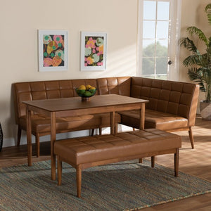 Baxton Studio Baxton Modern Tan Faux Leather Dining Nook Set with Walnut Wood & Comfortable Seating for Small Spaces Sanford BBT8051.11-Tan/Walnut-4PC Dining Nook Set