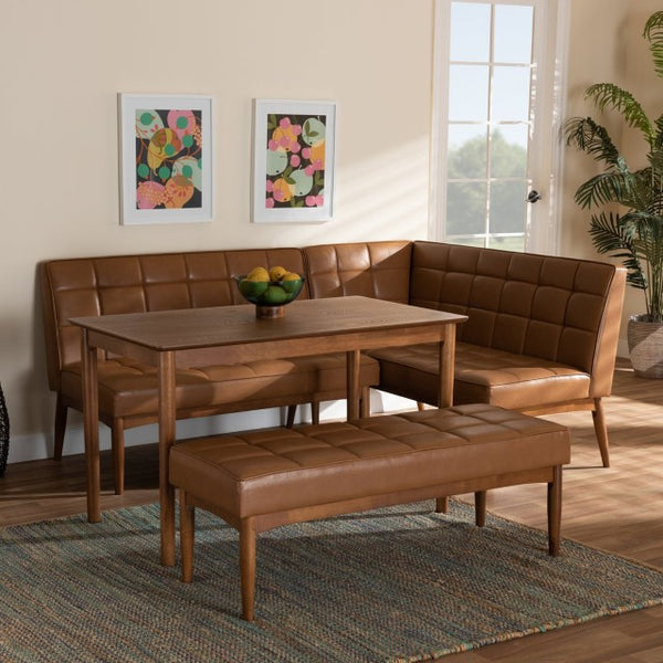 Baxton Studio Baxton Modern Tan Faux Leather Dining Nook Set with Walnut Wood & Comfortable Seating for Small Spaces Sanford BBT8051.11-Tan/Walnut-4PC Dining Nook Set
