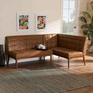 Baxton Studio Baxton Studio Sanford Mid-Century Banquette Set - Tan Faux Leather & Walnut, Space-Saving Comfort BBT8051.11-Tan/Walnut-2PC SF Bench