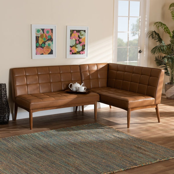 Baxton Studio Baxton Studio Sanford Mid-Century Banquette Set - Tan Faux Leather & Walnut, Space-Saving Comfort BBT8051.11-Tan/Walnut-2PC SF Bench