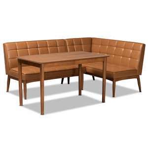 Baxton Studio Baxton Modern Tan Faux Leather Dining Nook Set with Walnut Wood & Comfortable Seating for Small Spaces Sanford 3-Piece BBT8051.11-Tan/Walnut-3PC Dining Nook Set