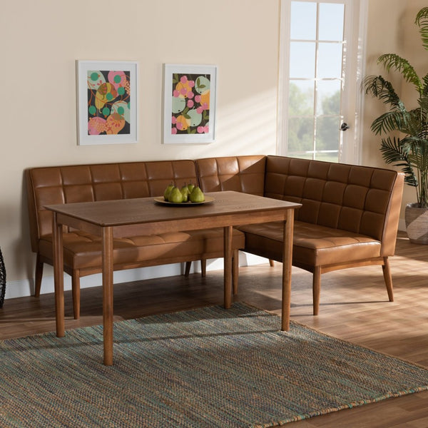 Baxton Studio Baxton Modern Tan Faux Leather Dining Nook Set with Walnut Wood & Comfortable Seating for Small Spaces Sanford 3-Piece BBT8051.11-Tan/Walnut-3PC Dining Nook Set