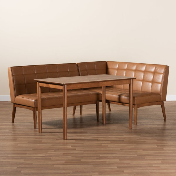 Baxton Studio Baxton Modern Tan Faux Leather Dining Nook Set with Walnut Wood & Comfortable Seating for Small Spaces Sanford 3-Piece BBT8051.11-Tan/Walnut-3PC Dining Nook Set