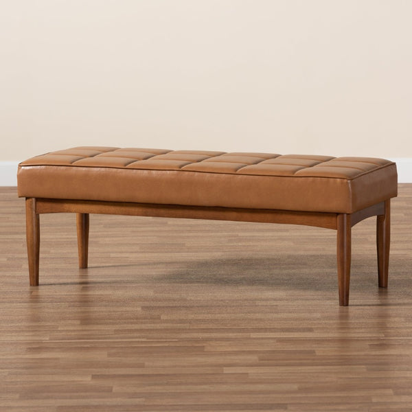 Baxton Studio Baxton Studio Sanford Mid-Century Modern Tan Faux Leather Dining Bench with Walnut Frame & Comfort BBT8051.11-Tan/Walnut-Bench