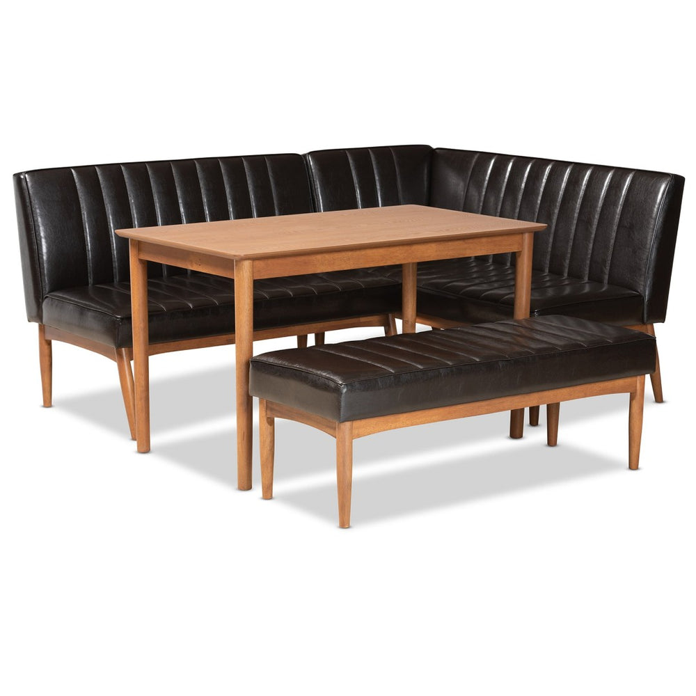 Baxton Studio Baxton Studio Mid-Century Modern Dining Nook Set in Dark Brown Faux Leather & Walnut Wood Finish Daymond 4-Piece BBT8051.12-Dark Brown/Walnut-4PC Dining Nook Set
