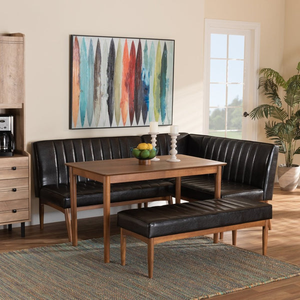 Baxton Studio Baxton Studio Mid-Century Modern Dining Nook Set in Dark Brown Faux Leather & Walnut Wood Finish Daymond 4-Piece BBT8051.12-Dark Brown/Walnut-4PC Dining Nook Set