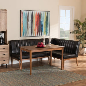 Baxton Studio Baxton Studio Mid-Century Modern Dining Nook Set in Dark Brown Faux Leather & Walnut Wood Finish Daymond 3-Piece BBT8051.12-Dark Brown/Walnut-3PC Dining Nook Set