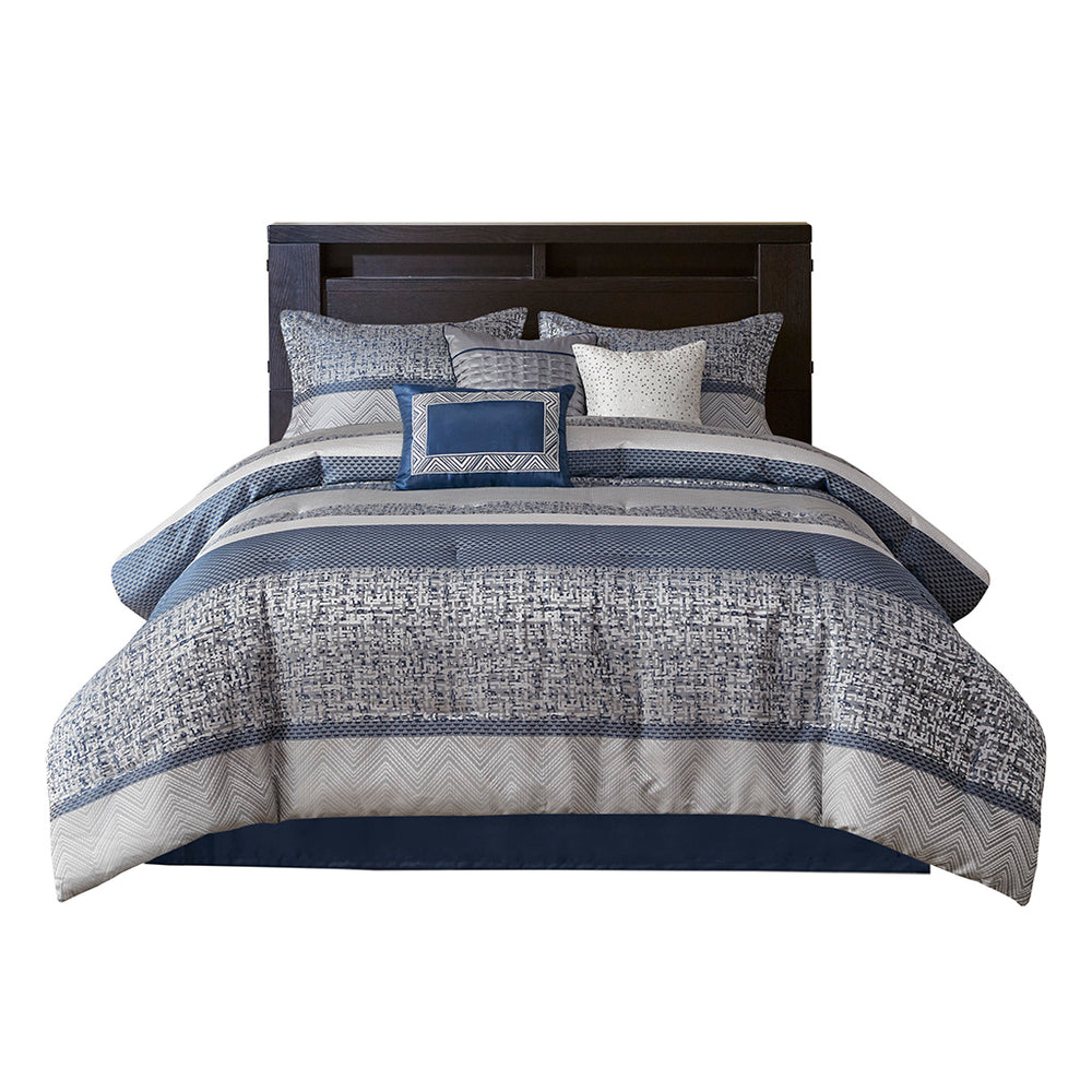 JLA Home Madison Park - 7 Piece Jacquard Comforter Set Navy Grey Stripe 7-Pc Transitional Bedding with Pillows, Skirt, Machine Washable MP10-7422