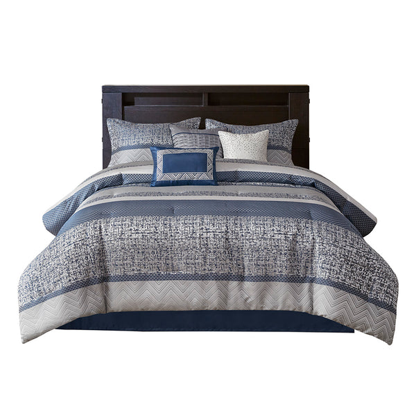 JLA Home Madison Park - 7 Piece Jacquard Comforter Set Navy & Grey Striped Pattern with Solid Reverse, Embroidered Pillows 92 L x 104 W x 1.5H MP10-7421