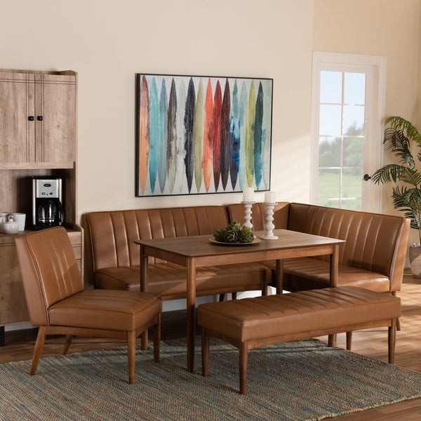 Baxton Studio Baxton Studio Mid-Century Modern Tan Faux Leather Dining Nook Set with Walnut Brown Wood Finish Daymond 5-Piece BBT8051.12-Tan/Walnut-5PC Dining Nook Set