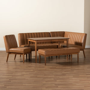 Baxton Studio Baxton Studio Mid-Century Modern Tan Faux Leather Dining Nook Set with Walnut Brown Wood Finish Daymond 5-Piece BBT8051.12-Tan/Walnut-5PC Dining Nook Set