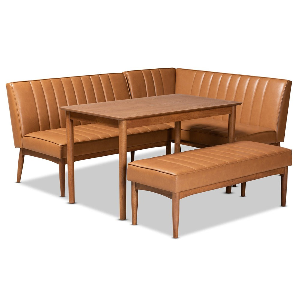 Baxton Studio Baxton Studio Mid-Century Modern Tan Faux Leather Dining Nook Set with Walnut Brown Wood Finish Daymond 4-Piece BBT8051.12-Tan/Walnut-4PC Dining Nook Set