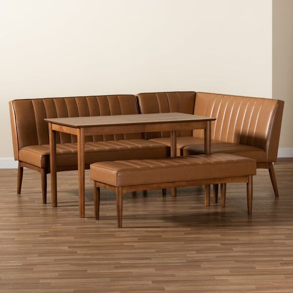 Baxton Studio Baxton Studio Mid-Century Modern Tan Faux Leather Dining Nook Set with Walnut Brown Wood Finish Daymond 4-Piece BBT8051.12-Tan/Walnut-4PC Dining Nook Set