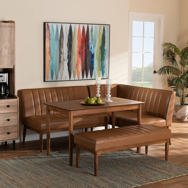 Baxton Studio Baxton Studio Mid-Century Modern Tan Faux Leather Dining Nook Set with Walnut Brown Wood Finish Daymond 4-Piece BBT8051.12-Tan/Walnut-4PC Dining Nook Set