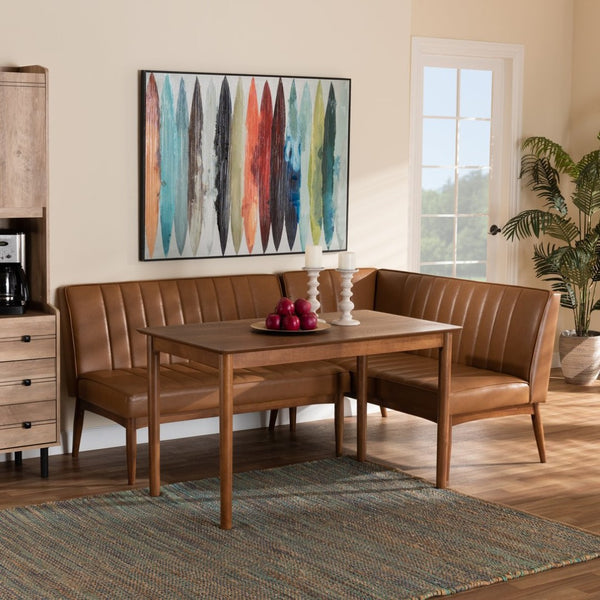 Baxton Studio Baxton Studio Daymond 3-Piece Mid-Century Modern Dining Nook Set with Tan Faux Leather Upholstery BBT8051.12-Tan/Walnut-3PC Dining Nook Set