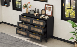 English Elm Rustic Farmhouse Wooden Dresser with 6 Drawers and Metal Handles — Spacious Storage, Stylish Bedroom Accent Black 52.17 L x 18.5 W x 11.81 H WF530908AAB