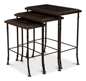Sarreid Noble Nesting Tables Set Of 3 - Rustic Wrought Iron Base With Embossed Leather & Wood Elegance Brown  11354