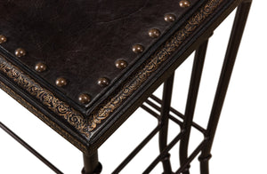 Sarreid Noble Nesting Tables Set Of 3 - Rustic Wrought Iron Base With Embossed Leather & Wood Elegance Brown  11354
