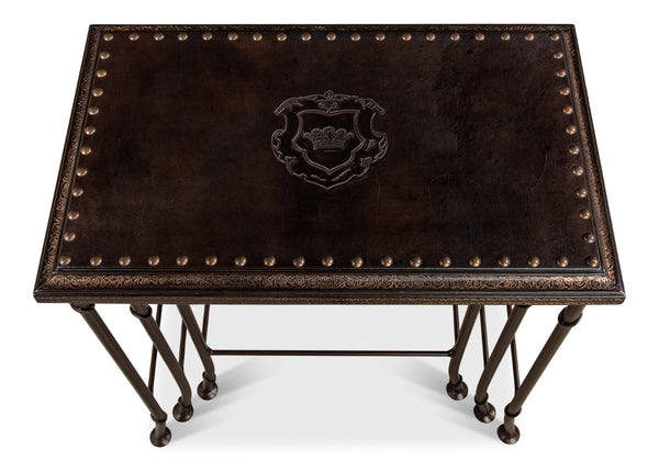 Sarreid Noble Nesting Tables Set Of 3 - Rustic Wrought Iron Base With Embossed Leather & Wood Elegance Brown  11354