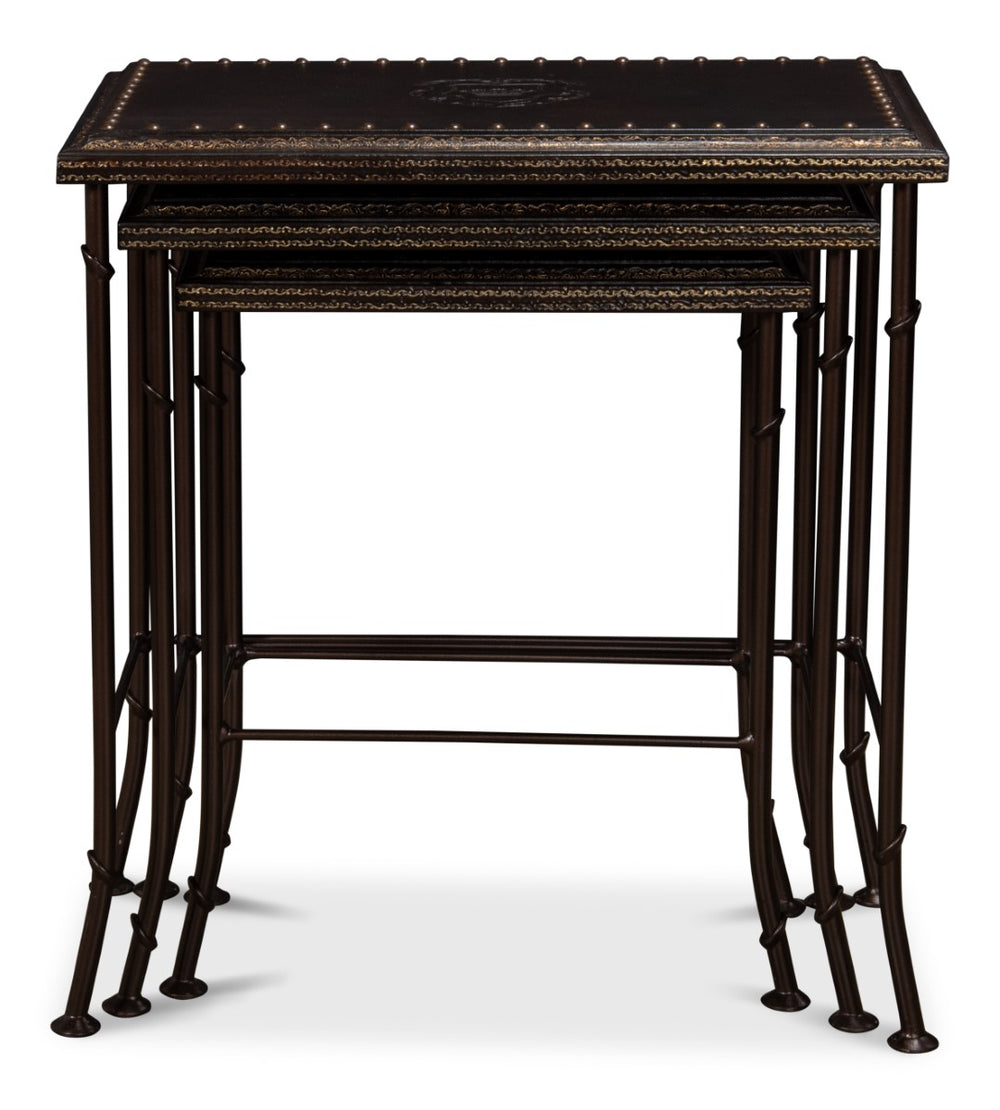 Sarreid Noble Nesting Tables Set Of 3 - Rustic Wrought Iron Base With Embossed Leather & Wood Elegance Brown  11354