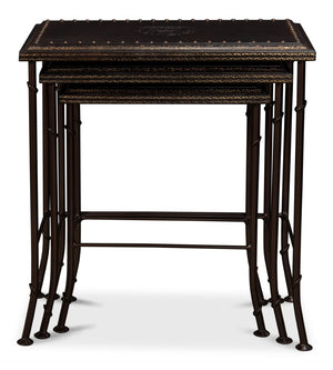 Sarreid Noble Nesting Tables Set Of 3 - Rustic Wrought Iron Base With Embossed Leather & Wood Elegance Brown  11354
