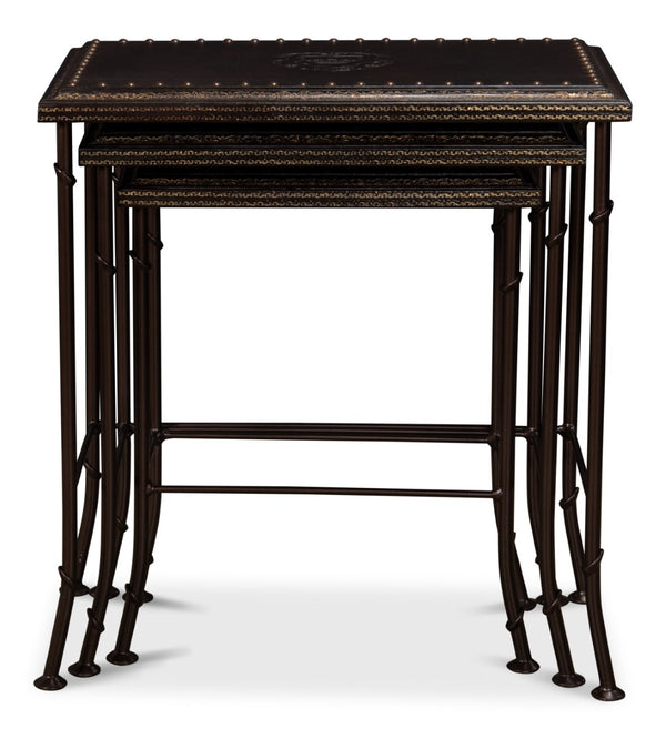 Sarreid Noble Nesting Tables Set Of 3 - Rustic Wrought Iron Base With Embossed Leather & Wood Elegance Brown  11354