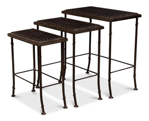Sarreid Noble Nesting Tables Set Of 3 - Rustic Wrought Iron Base With Embossed Leather & Wood Elegance Brown  11354