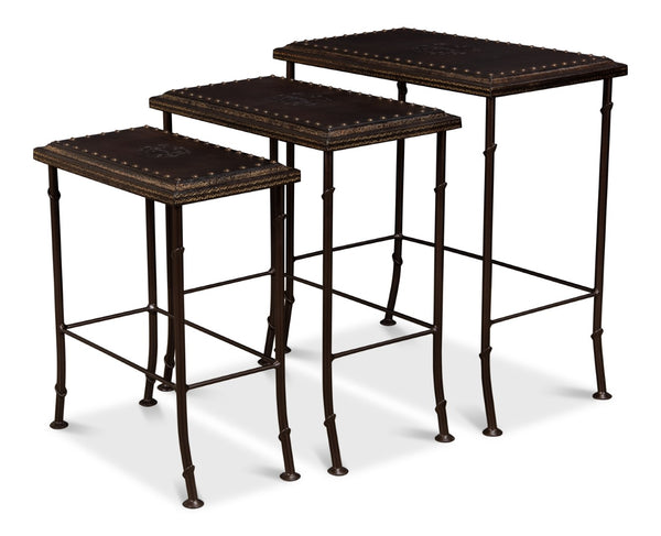 Sarreid Noble Nesting Tables Set Of 3 - Rustic Wrought Iron Base With Embossed Leather & Wood Elegance Brown  11354