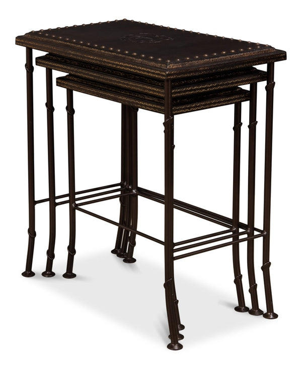 Sarreid Noble Nesting Tables Set Of 3 - Rustic Wrought Iron Base With Embossed Leather & Wood Elegance Brown  11354