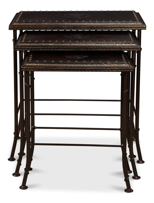 Sarreid Noble Nesting Tables Set Of 3 - Rustic Wrought Iron Base With Embossed Leather & Wood Elegance Brown  11354