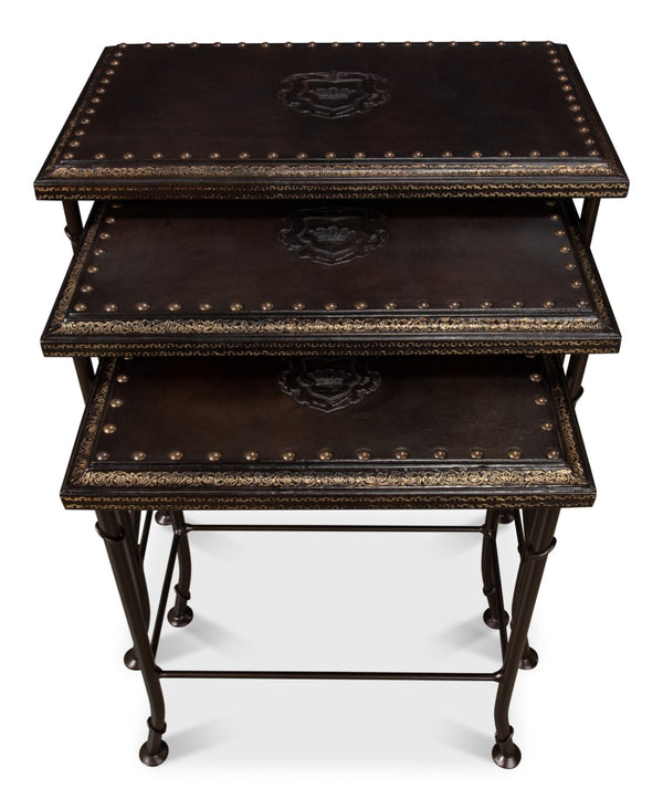 Sarreid Noble Nesting Tables Set Of 3 - Rustic Wrought Iron Base With Embossed Leather & Wood Elegance Brown  11354