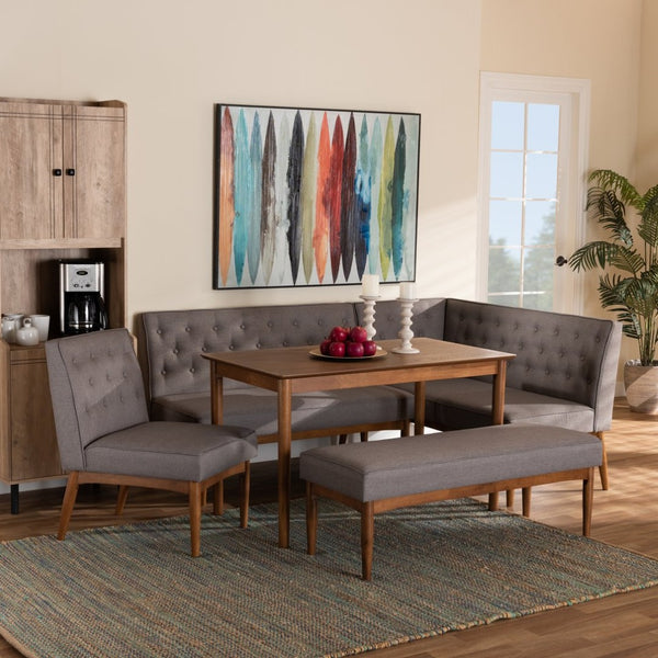 Baxton Studio Baxton Studio Riordan Mid-Century Modern Dining Nook Set in Grey Fabric and Walnut Finish Design 5-Piece BBT8051.13-Grey/Walnut-5PC Dining Nook Set