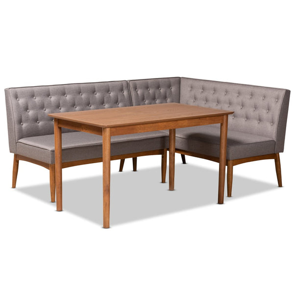 Baxton Studio Baxton Studio Riordan 3-Piece Mid-Century Modern Dining Nook Set in Grey Fabric & Walnut Finish BBT8051.13-Grey/Walnut-3PC Dining Nook Set