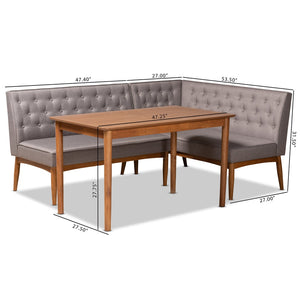 Baxton Studio Baxton Studio Riordan 3-Piece Mid-Century Modern Dining Nook Set in Grey Fabric & Walnut Finish BBT8051.13-Grey/Walnut-3PC Dining Nook Set