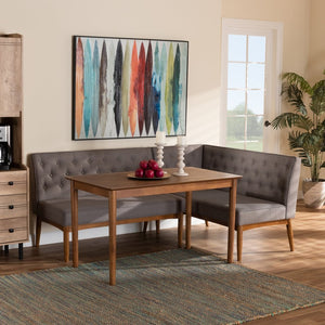 Baxton Studio Baxton Studio Riordan 3-Piece Mid-Century Modern Dining Nook Set in Grey Fabric & Walnut Finish BBT8051.13-Grey/Walnut-3PC Dining Nook Set
