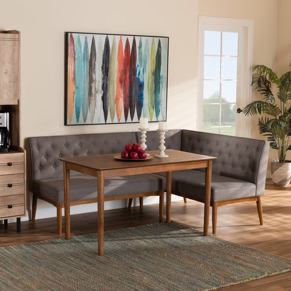 Baxton Studio Baxton Studio Riordan 3-Piece Mid-Century Modern Dining Nook Set in Grey Fabric & Walnut Finish BBT8051.13-Grey/Walnut-3PC Dining Nook Set