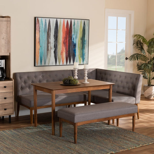 Baxton Studio Baxton Studio Riordan Mid-Century Modern Dining Nook Set in Grey Fabric and Walnut Finish Design 4-Piece BBT8051.13-Grey/Walnut-4PC Dining Nook Set