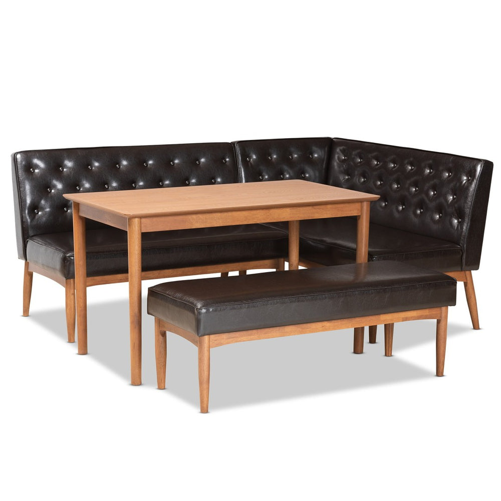 Baxton Studio Baxton Studio Riordan 4-Piece Mid-Century Dining Nook Set with Faux Leather & Walnut Finish Charm BBT8051.13-Dark Brown/Walnut-4PC Dining Nook Set