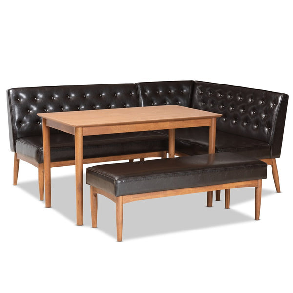 Baxton Studio Baxton Studio Riordan 4-Piece Mid-Century Dining Nook Set with Faux Leather & Walnut Finish Charm BBT8051.13-Dark Brown/Walnut-4PC Dining Nook Set