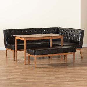 Baxton Studio Baxton Studio Riordan 4-Piece Mid-Century Dining Nook Set with Faux Leather & Walnut Finish Charm BBT8051.13-Dark Brown/Walnut-4PC Dining Nook Set
